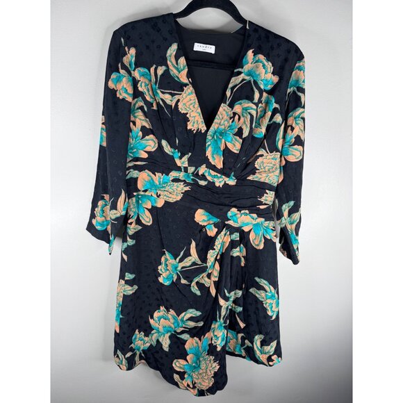 NWT Sandro Bruni Wrap-effect Draped Floral-print Jacquard Mini Dress 42 US 10 - Picture 3 of 5